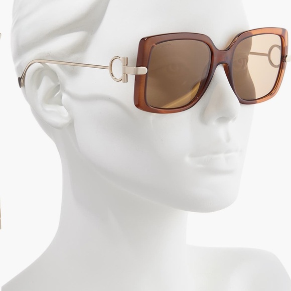 NWT Salvatore Ferragamo Gancio 55mm Square Tan and Gold Sunglasses - Picture 3 of 4
